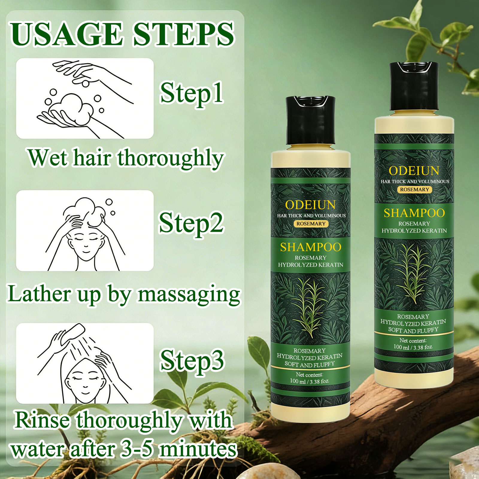 ODEIUN Organic Rosemary Hair Growth Shampoo for Women and Men, Professional Rosemary shampoo, Shampoo for Hair Growth, Natural Ingredients With Hydrolyzed Keratin for Thinning Hair & Hair Loss