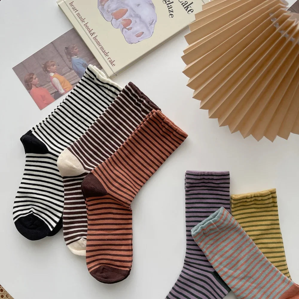 Retro Striped Socks Children's Women Medium Tube Socks Spring and Autumn Cotton Stockings Korean Stockings Japanese Socken