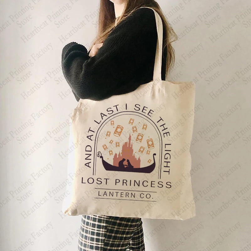 Rapunzel Lost Princess Pattern Tote Bag Canvas Lantern Co. Shoulder Bag Women's Reusable Shopping Bags Best Gift for Movie Lover