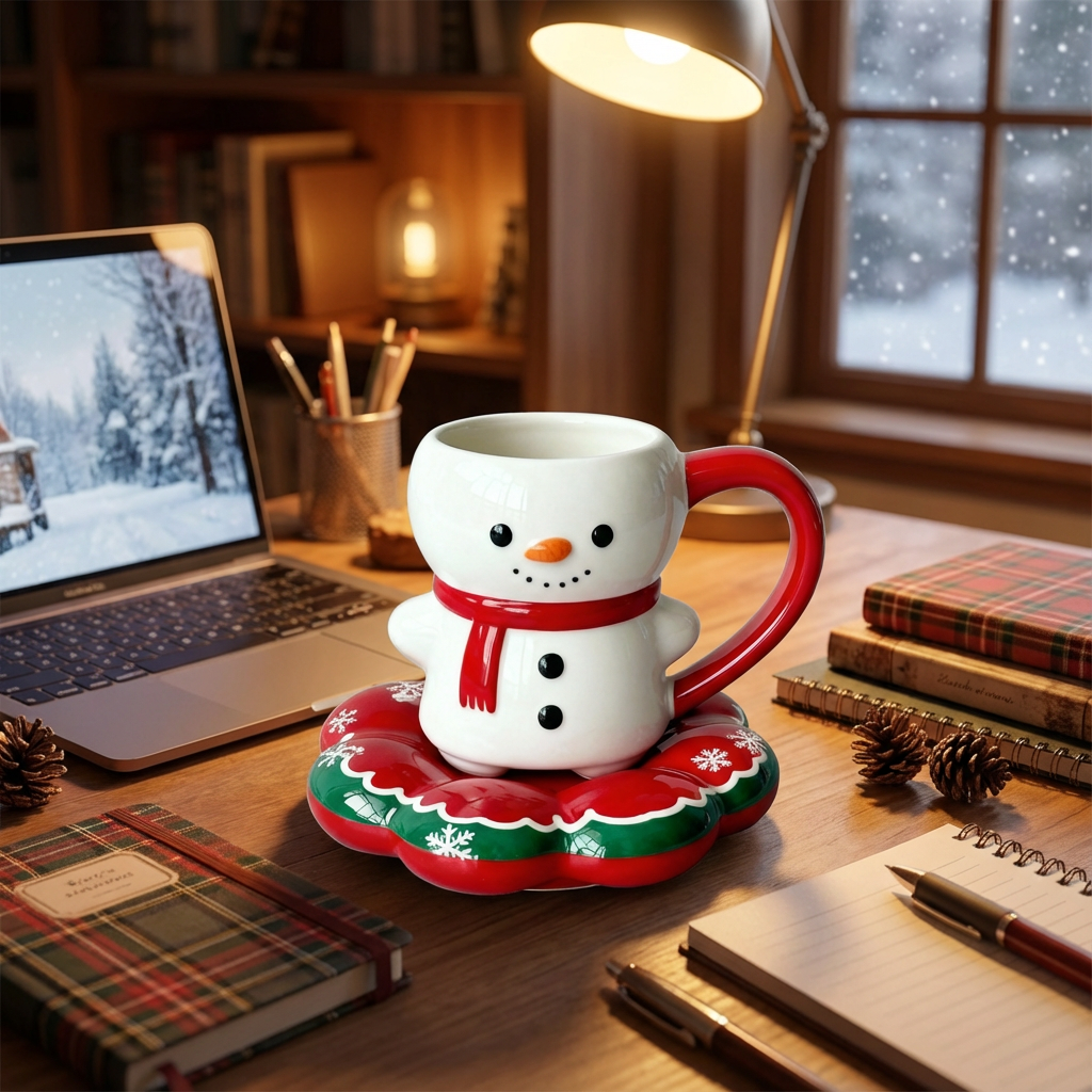 Snowman Holiday Ceramic Mug with Saucer