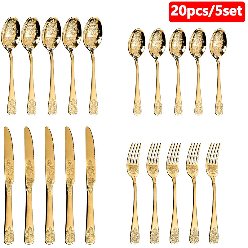 &Gold Luxury Cutlery Sets Fork Spoons Knife Silverware Kit Vintage Carved Tableware Set European Dinnerware For Home Kitchen