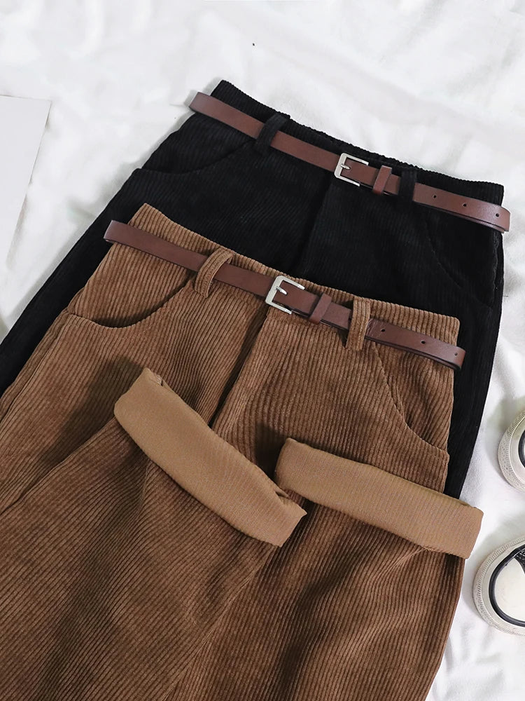 Women Spring Corduroy Pants High Waist Autumn Vintage Korean Casual Wide Leg Pants Elegant Belt Loose Cotton Streetwear