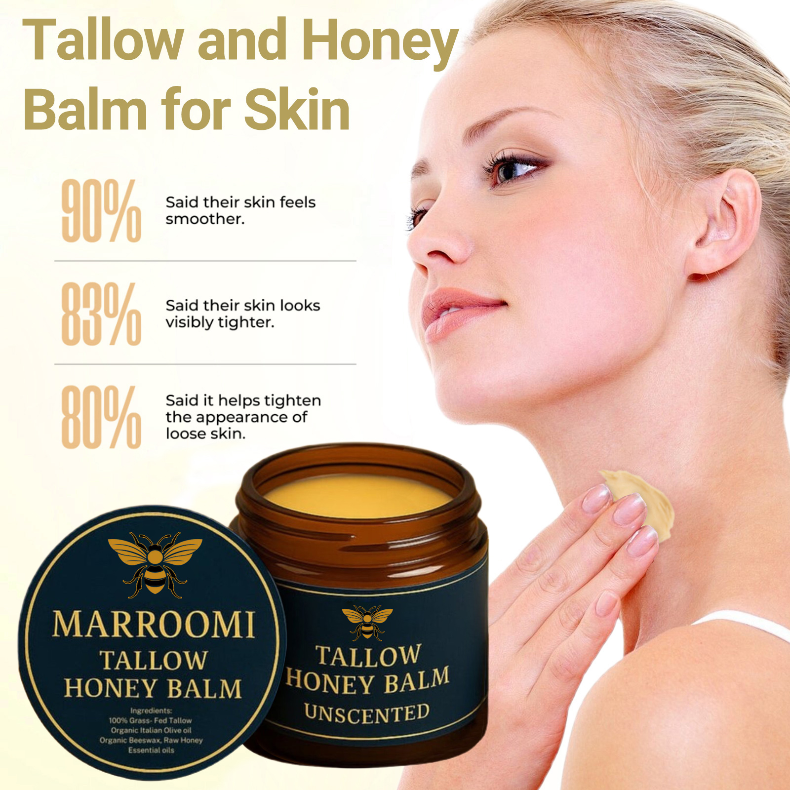 Marroomi Tallow Honey Balm, Natural Nourishment Duo, Beef Tallow for Skin, Organic Grass-Fed Beef Tallow-Balm, Soothing Moisturizing for All Skin Types