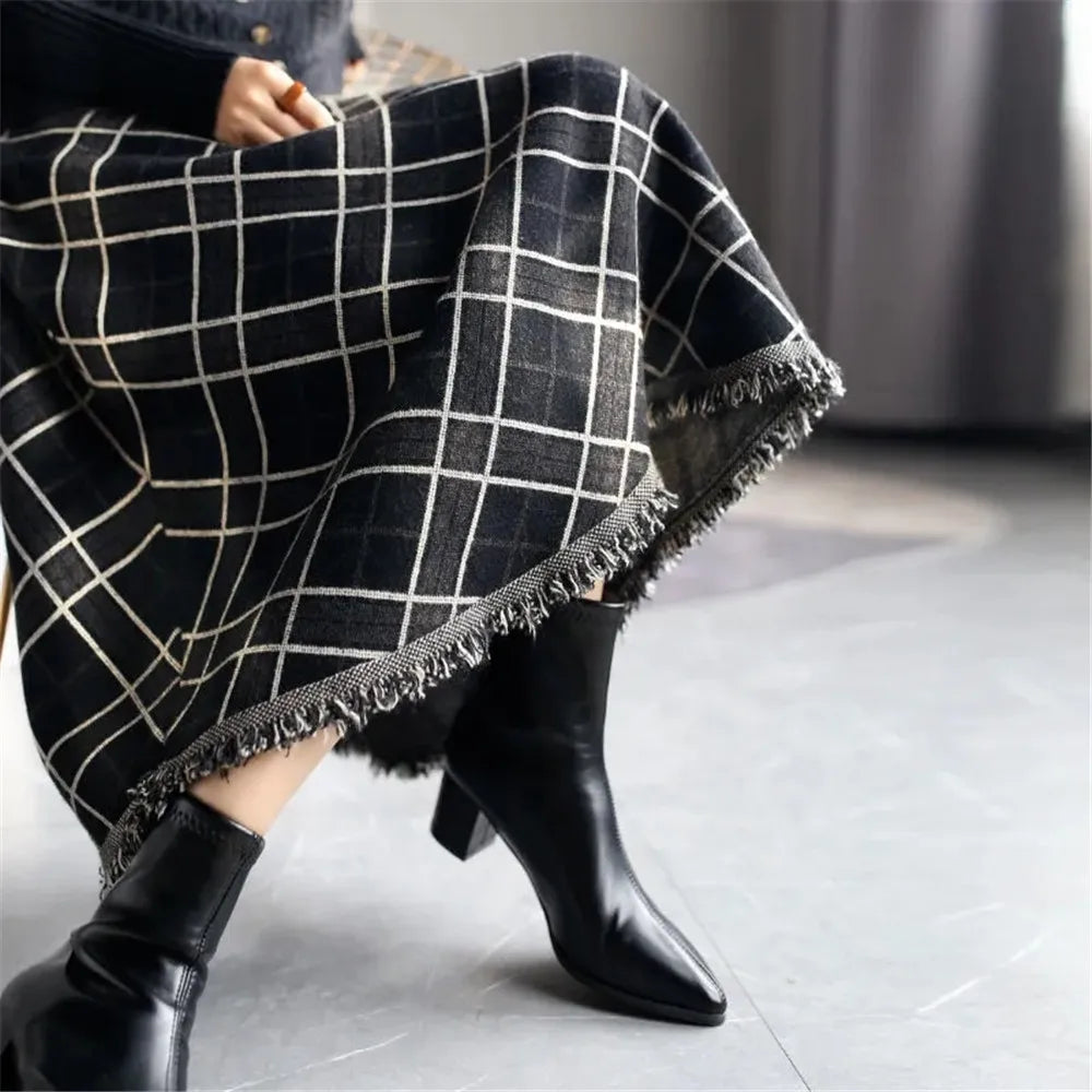 Winter Knitted Tassel A-Line Long Skirts Women Printing Plaid Skirt Female Autumn High Waist Warm Skirt Elegant Office Lady Saia