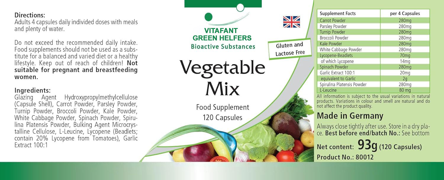 VITAFANT GREEN HELFERS| Gemüse Mix - 120 Kapseln - HOCHDOSIERT - VEGAN - 10 Sorten Gemüse