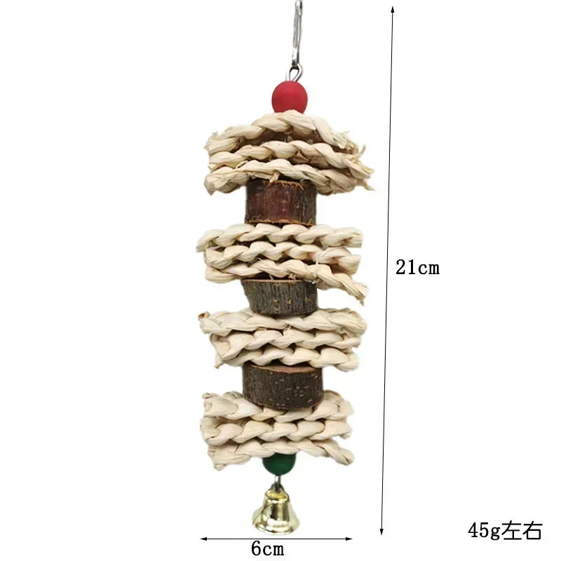 1pcs Bird Parrot Toy with Bell Natural Wooden Grass Chewing Bite Hanging Cage Swing Climb Chew Toys Bird Toys for Cage Pet Toys