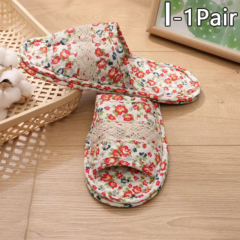 Women Indoor Cotton Slippers Japanese Floral Bedroom Carpet Slippers Soft Toe Sole Slippers Non-Slip Home Bedroom Slippers