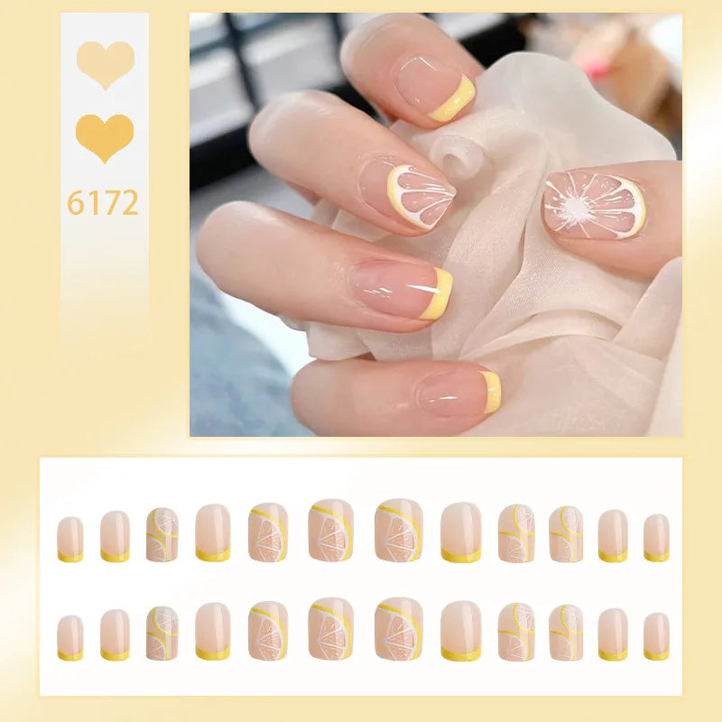 24Pcs/Box Cute Watermelon Women Girls Nail Art Fake Nails Acrylic Cute Kawaii Short  Square Jelly Press-On Nails Medium Summer