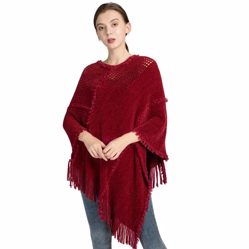 Poncho Tassel Knitted Shawl Women's Autumn and Winter New Chenille Imitation Cashmere Pullover Cape Cloaks Lady Capes Gray