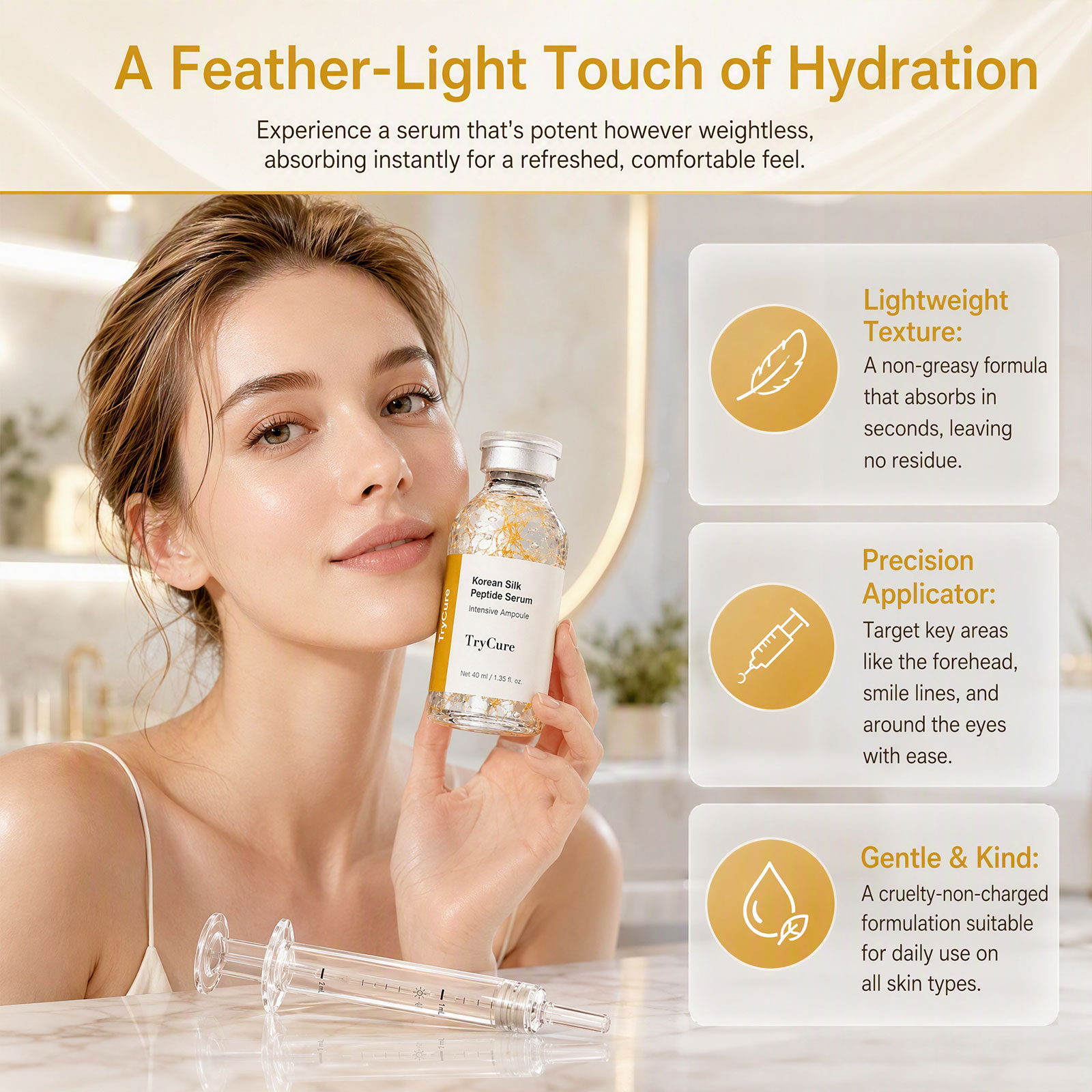 Trycure Korean Silk Peptide Ampoule, Korean Skincare Ampoule with Silk Peptide, EGF, 24K Gold & GHK-Cu, Improves Look of Elasticity & Radiance, Fast-Absorbing