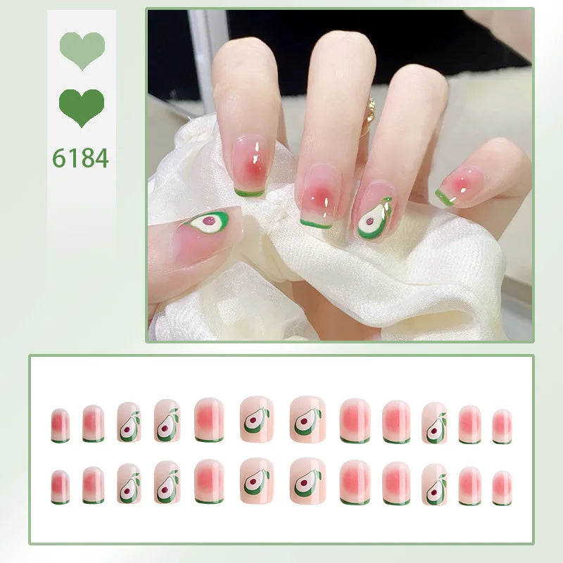 24Pcs/Box Cute Watermelon Women Girls Nail Art Fake Nails Acrylic Cute Kawaii Short  Square Jelly Press-On Nails Medium Summer