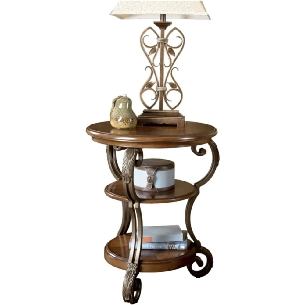 Traditional Hand-Finished Chairside End Table with 2 Fixed Shelves, Dark Brown