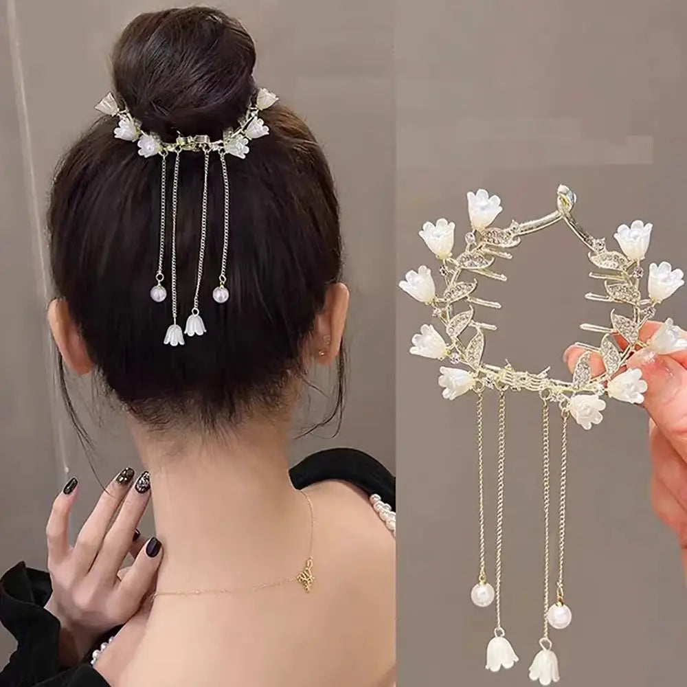 Elegant Retro Meatball Hair Clasp Clip Floristic Pearl Chain Tassels Hair Claw Ponytail Hairpins Women