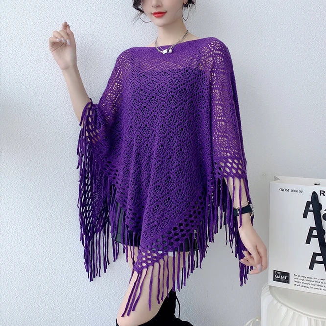 Spring Autumn New Pullover Cape Women Hollow flower Knitting Poncho Capes Batwing Sleeves Shawls Sunscreen Solid Cloak Blue