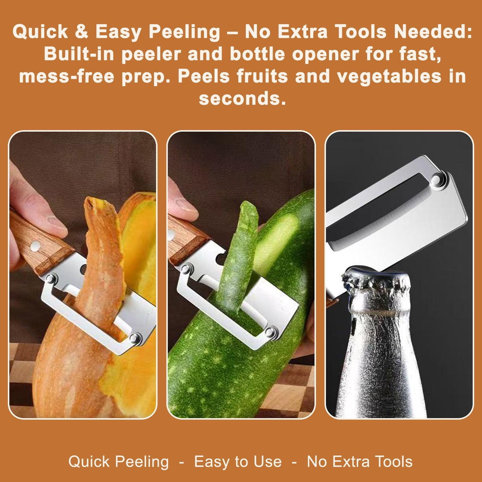 Multi-Functional Vegetable Peeler, Stainless Steel Blade with Wooden Handle, Fish Scaler, 3-in-1 Fruit Peeler with Bottle Opener & Grater