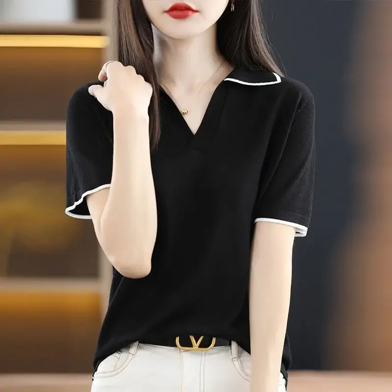 Women's T Shirts Polo Neck Shirt White Plain Knit Short Sleeve Tee Clothes Top Polyester Cotton Synthetic Summer 2024 Trend New