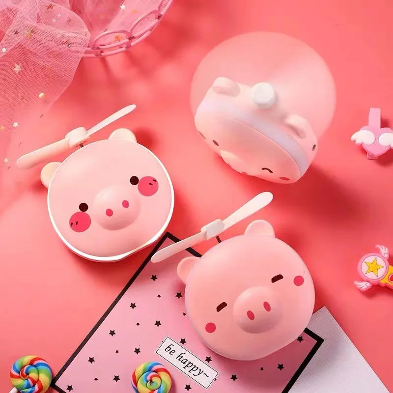 Cute Piggy Makeup Mirror With Led Light Handheld Cosmetics Mirror With Small Fan Girls Travle Portable Vanity Mirror HD Mirror