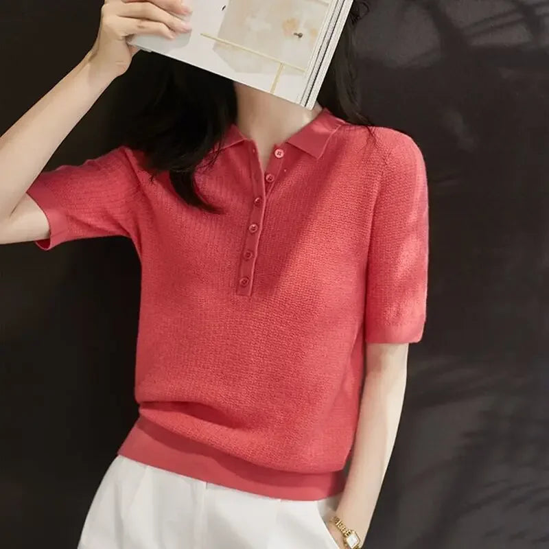 T-shirts Button Plain Baggy Female Tee Knitted Women's Polo Korean Reviews Clothes Streetwear Elegant 90s Vintage Pulovers Many