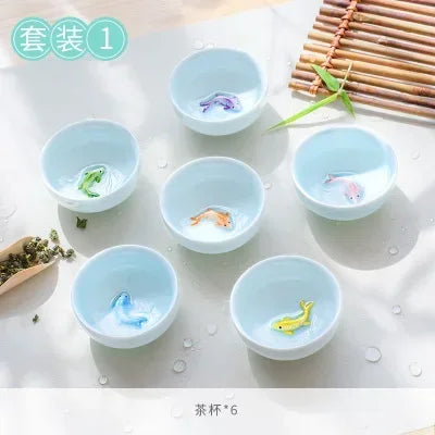 6 sets Chinese ceramic cups fish cups blue and white  teapot small porcelain tea bowl tea cup teaset accessories drink Drinkware