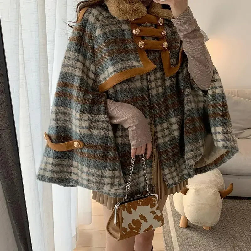 Retro Winter Woman Plaids Cloak Coat Faux Rabbit Fur Lapel Collar Thick Capes Woolen Checked Shawl Cardigan Poncho Jacket Tops