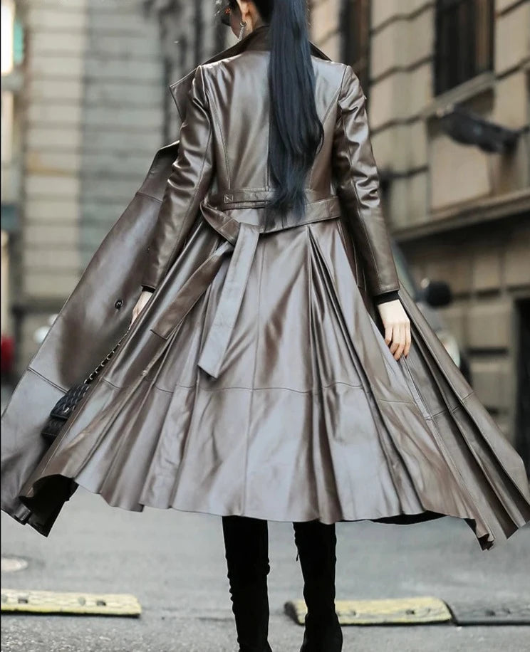 Nerazzurri Autumn Long Brown Black Soft Faux Leather Trench Coat for Women Belt Skirted Elegant Luxury Fashion 5xl 6xl 7xl 2022