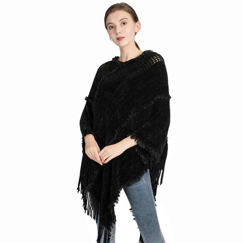 Poncho Tassel Knitted Shawl Women's Autumn and Winter New Chenille Imitation Cashmere Pullover Cape Cloaks Lady Capes Gray