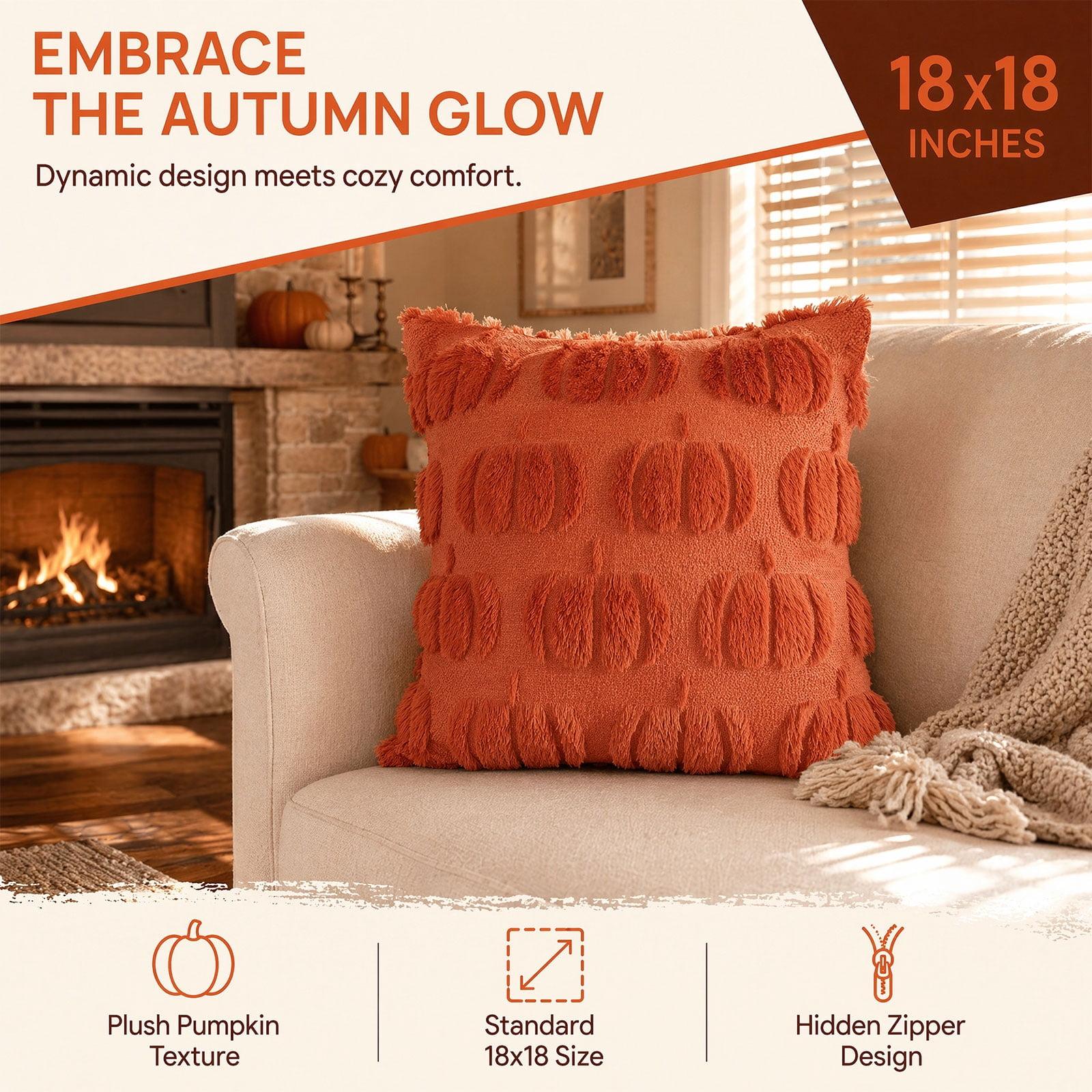 Halloween Throw Pillow Covers 18x18, Fall Decor Autumn Pumpkin Pillow, Soft Plush Faux Fur Cushion Cases for Couch Sofa Chair Caramel