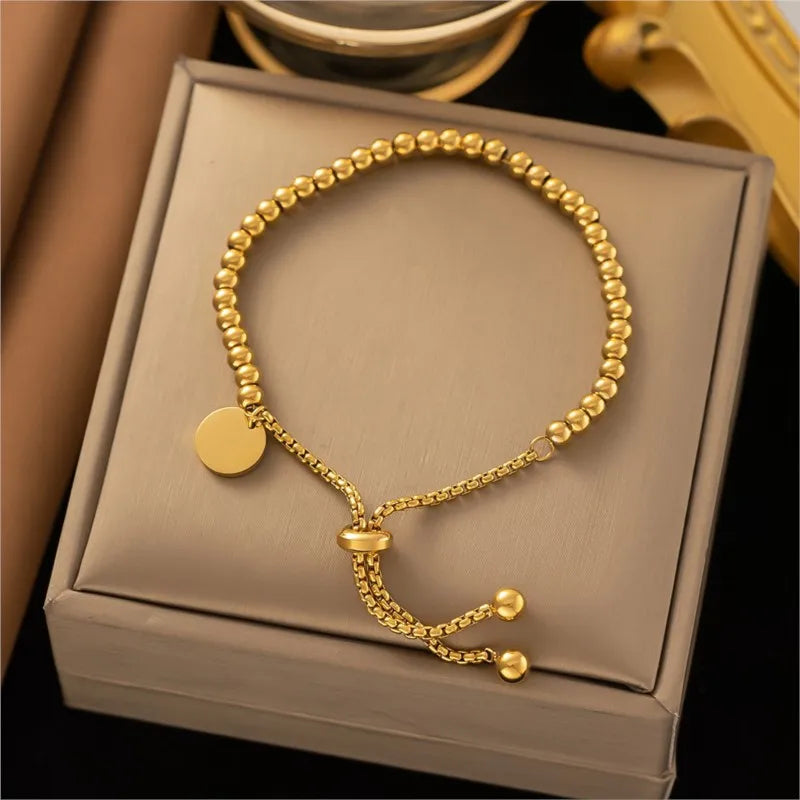 ANENJERY 316L Stainless Small Ball Beads Pull Out Bracelet for Women Simple Fashion Circular Tag Bracelet Daily Party Jewelry