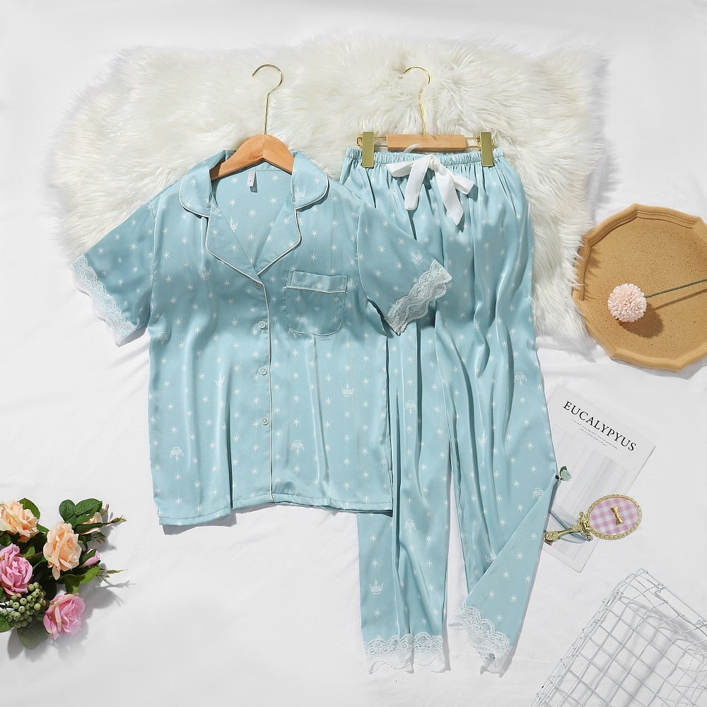 Srping New Crown Print Women Pyjamas Lace Sweet Short Sleeve Suit Pajamas Summer Satin Chiffon Soft Touch Sleepwear