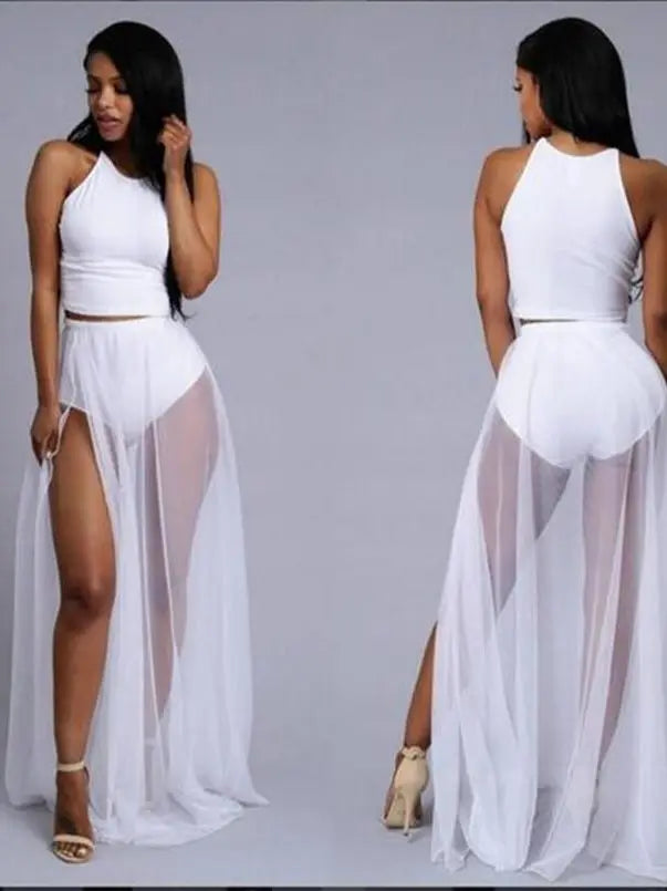 Women High Waist Mesh Skirts Empire See Through Sheer Side Split Skirt Solid Transparent Chiffon Maxi Long Skirt Summer 2018