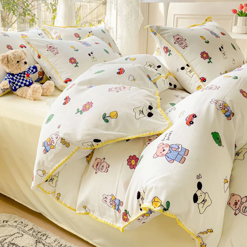 Pastoral Girls Flower Bedding Sets, Washed Cotton Bed Linens, Soft Quilt Cover Sheet Set, Simple Bedspread, Home Textiles