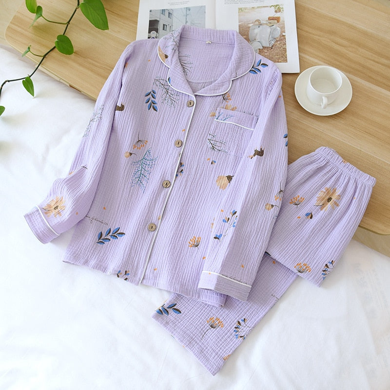 Spring New Ladies Pajamas Set Heart Printed Crepe Cotton Double-layer Gauze Turn-down Collar Long-sleeve Trousers Household Wear