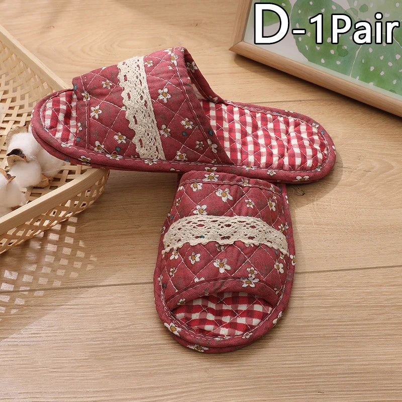 Women Indoor Cotton Slippers Japanese Floral Bedroom Carpet Slippers Soft Toe Sole Slippers Non-Slip Home Bedroom Slippers