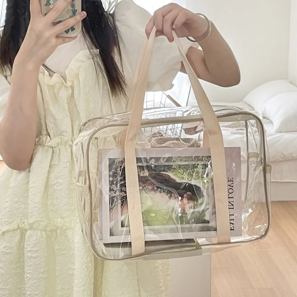 Portable PVC Transparent Handbag Large Capacity Waterproof Jelly Bag Zipper Travel Tote Bag