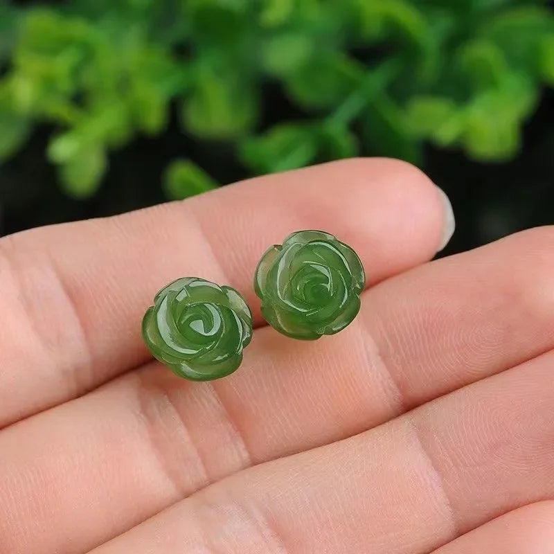 925 Silver Natural Green Jade Rose Earrings Bead Charm Jewellery Fashion Accessories Hand-Carved Man Woman Amulet Gifts