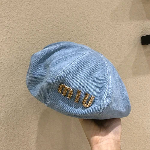 Rhinestone Letter Women Beret Hat Fashion Casual Spring Street Chapeu Feminino Denim Cotton Summer Artist Painter Cap Sun Hat