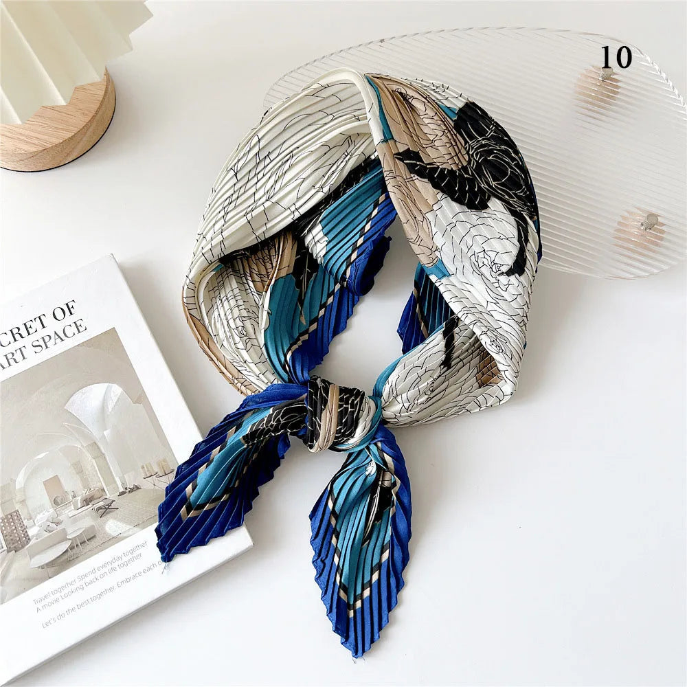 Crinkle Square Silky Neck Scarf Colorful Lady Satin Head Wraps Neckerchief Flower Printed Hair Scarf Elegant Pleated Neck Scarf