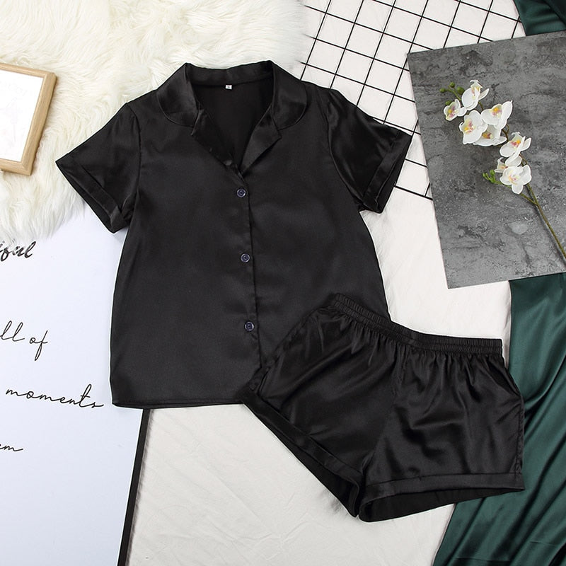Solid Satin Sleepwear Silk Pajamas Set Top And Shorts Two Piece Set Pyjamas Women Pajama Short Sleeve Home Suit Casual