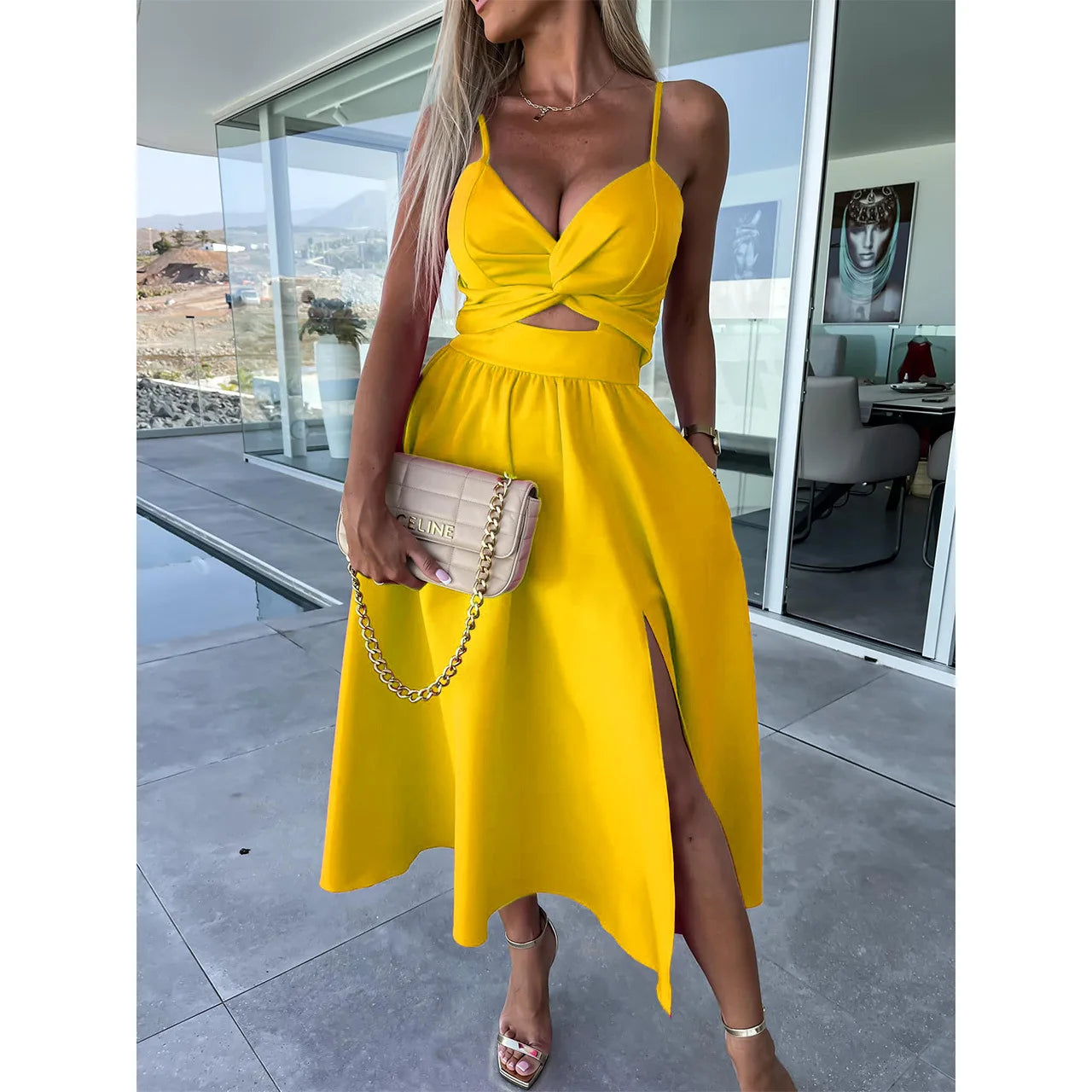 Women Sexy V-neck Backless Sling Dress Summer Fashion Twist Design Hollow Out Long Dress Casual Sleeveless Solid Big Hem Dresses