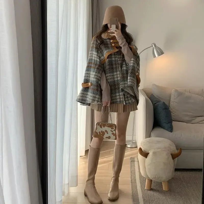 Retro Winter Woman Plaids Cloak Coat Faux Rabbit Fur Lapel Collar Thick Capes Woolen Checked Shawl Cardigan Poncho Jacket Tops