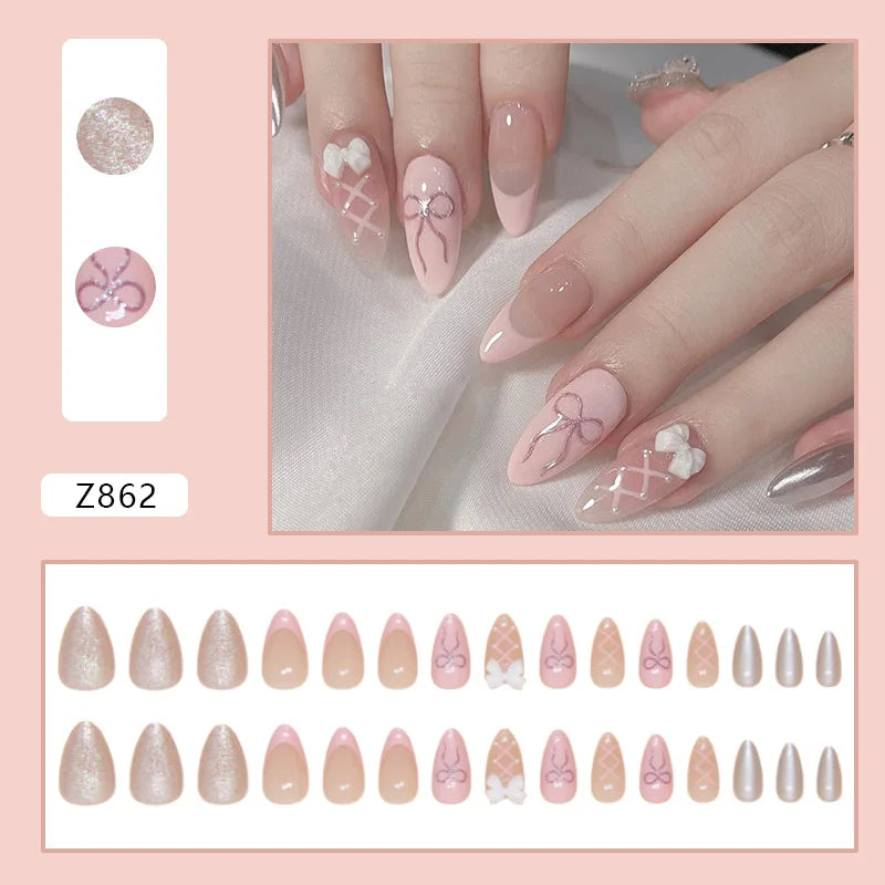 24pcs/set French Strawberry Butterfly Cat Eye Press on Nails Fake Nails Manicure Detachable Nail Tips Oval False Nails Full Set