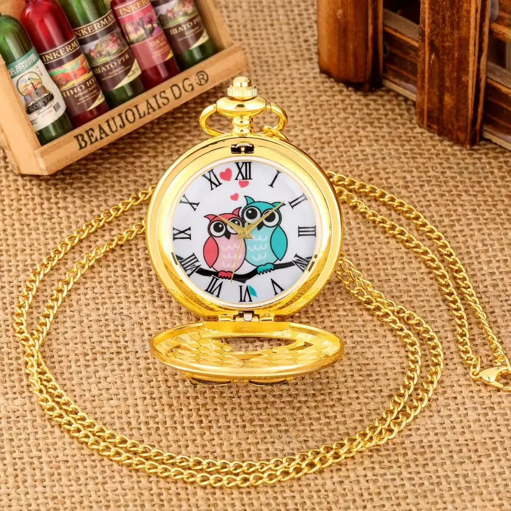 Gold handicraft pendant diamond studded retro owl pocket watch chain birthday gift