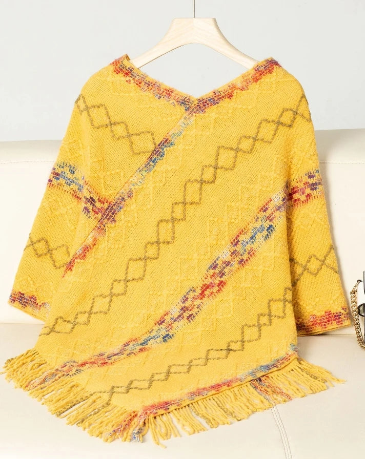 Elegant Women's Cloak Sweater Rainbow Stripe Tassel Knitted Cotton Shawl Versatile Scarf Urban Women's Autumn Warm Travel Shawl