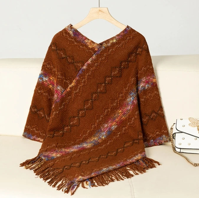 Elegant Women's Cloak Sweater Rainbow Stripe Tassel Knitted Cotton Shawl Versatile Scarf Urban Women's Autumn Warm Travel Shawl