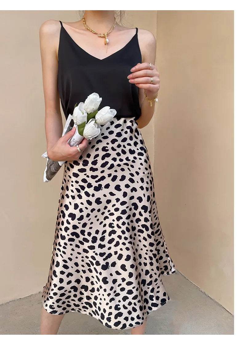 2023 Summer Leopard Print Skirt Women A-line High Waist Slik Satin Skirt Midi Elegant Vintage Long Skirt for Women