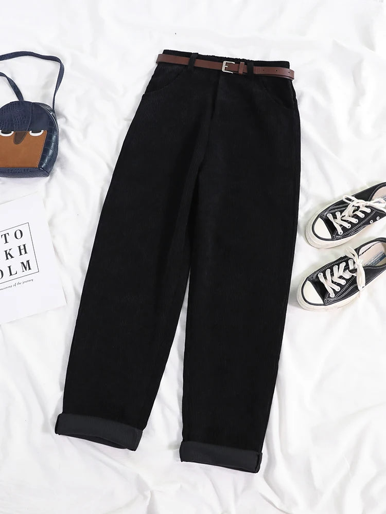 Women Spring Corduroy Pants High Waist Autumn Vintage Korean Casual Wide Leg Pants Elegant Belt Loose Cotton Streetwear