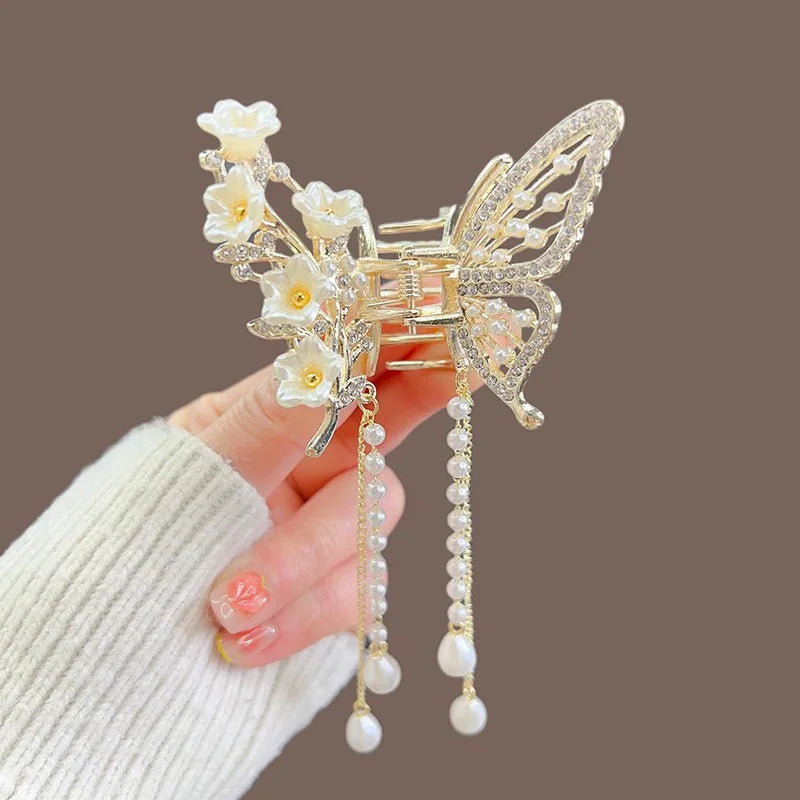 Exquisite Rhinestone Butterfly Fringe Hair Claw Clips Korean New Ponytail Braid Pearl Hairpin Girl Crab Metal Headdress Gift