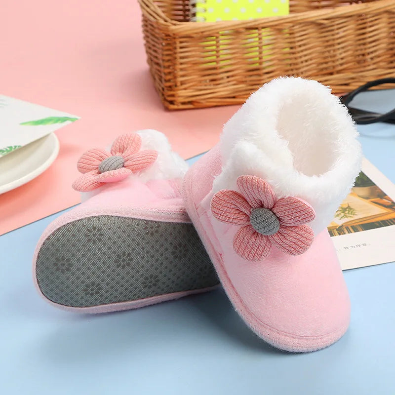 Lovely Flower Winter Snow Baby Boots 7-Colors Warm Fluff Balls Indoor Cottton Soft Rubber Sole Infant Newborn Toddler Baby Shoes