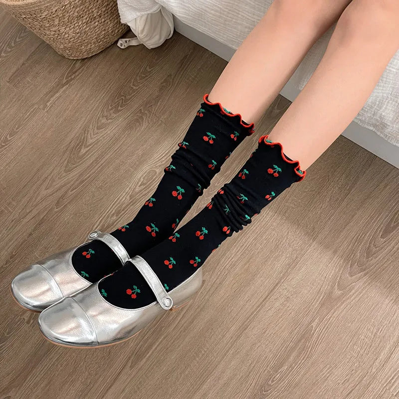 Lolita Sweet Girls Ruffles Socks Cherry Print JK Japanese Style Kawaii Cute Socks Women Fashion Harajuku Streetwear Long Socks