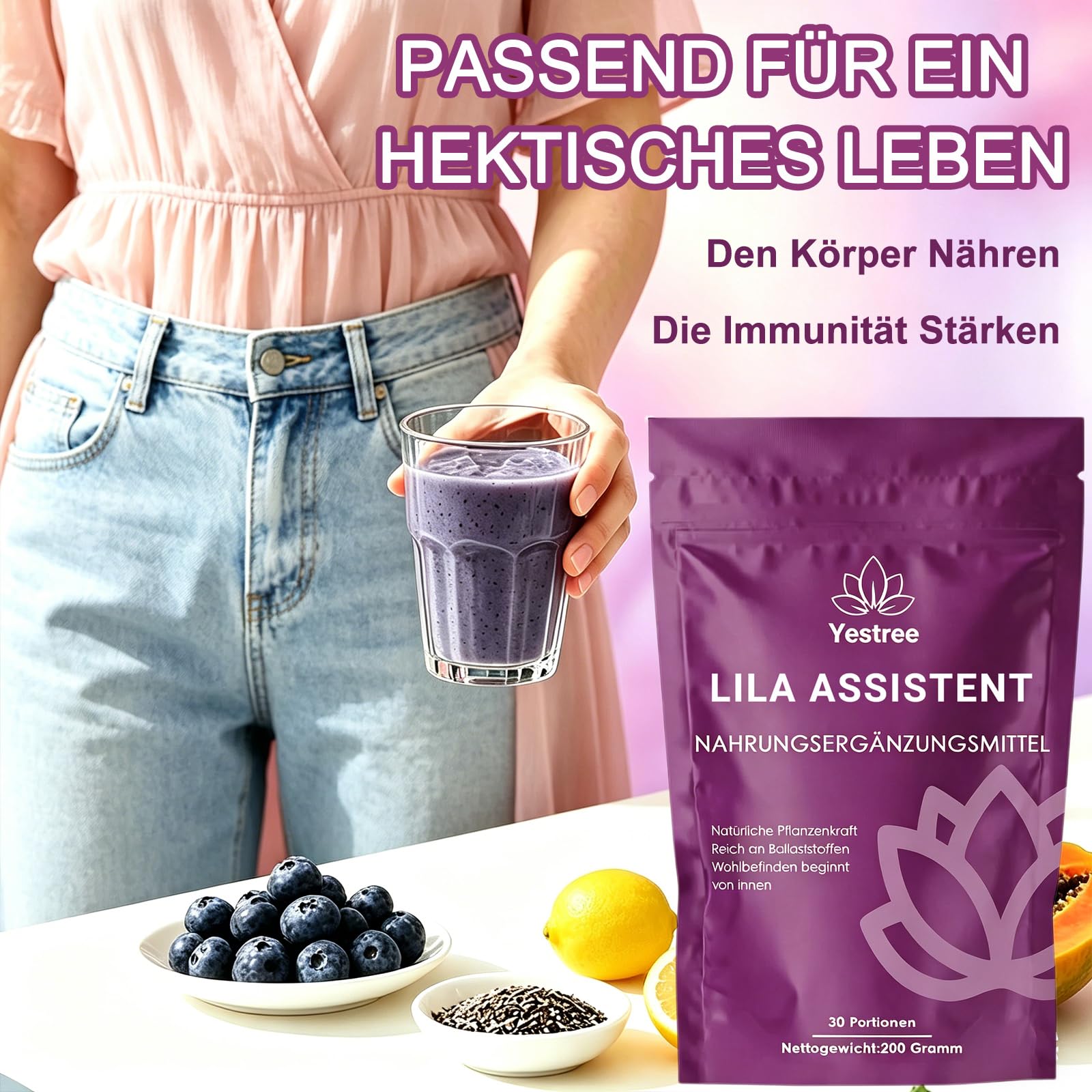 VITAFANT GREEN HELFERS 2 Pack Lila Superfood Pulver, Natürliche Pulverformel mit Aronia, Papaya, Heidelbeere, Inulin, Natürliches Ballaststoffreich Pflanzenpulver 200g